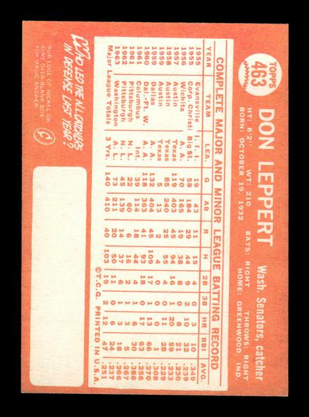 1964 Topps #463 Don Leppert Washington Senators EX HOF-10006192