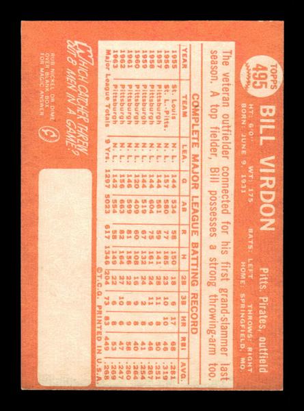 1964 Topps #495 Bill Virdon Pittsburgh Pirates EX HOF-10006203