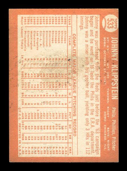 1964 Topps #533 Johnny Klippstein Philadelphia Phillies EX HOF-10006214