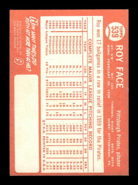1964 Topps #539 Roy Face Pittsburgh Pirates EX HOF-10006215