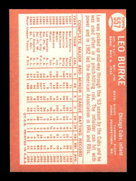 1964 Topps #557 Leo Burke Chicago Cubs EX HOF-10006218