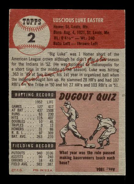 1953 Topps #2 Luke Easter Cleveland Indians Crease Free EX HOF-10006289