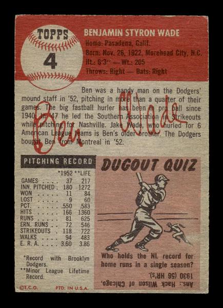 1953 Topps #4 Ben Wade Brooklyn Dodgers Crease Free EX HOF-10006291