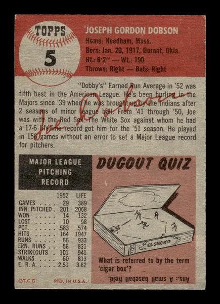 1953 Topps #5 Joe Dobson Chicago White Sox Crease Free EX HOF-10006292