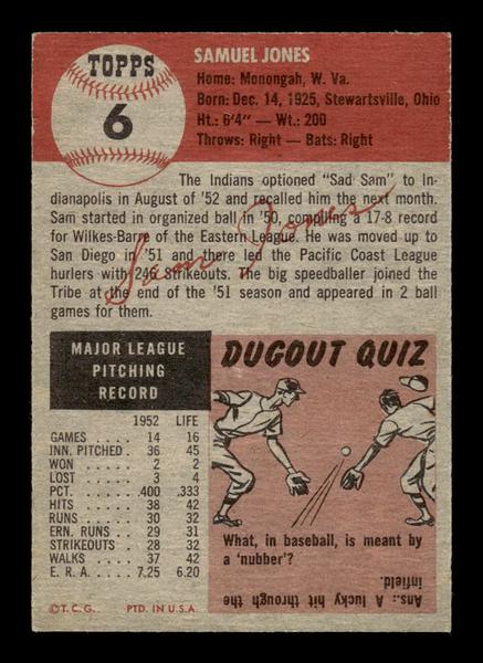 1953 Topps #6 Sam Jones Cleveland Indians Crease Free EX HOF-10006293