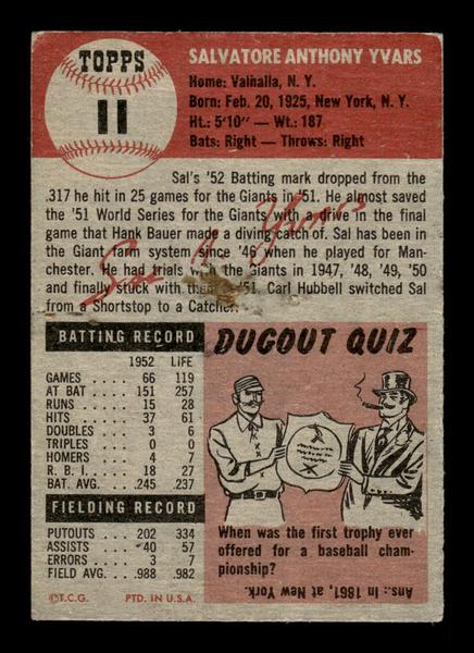 1953 Topps #11 Sal Yvars New York Giants Crease Free EX HOF-10006298