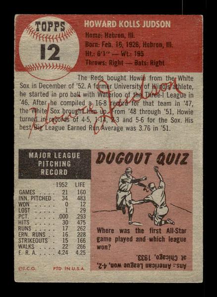 1953 Topps #12 Howie Judson Cincinnati Reds Crease Free EX HOF-10006299