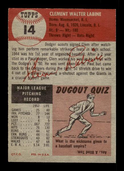 1953 Topps #14 Clem Labine Dodgers Crease Free EX HOF-10006301