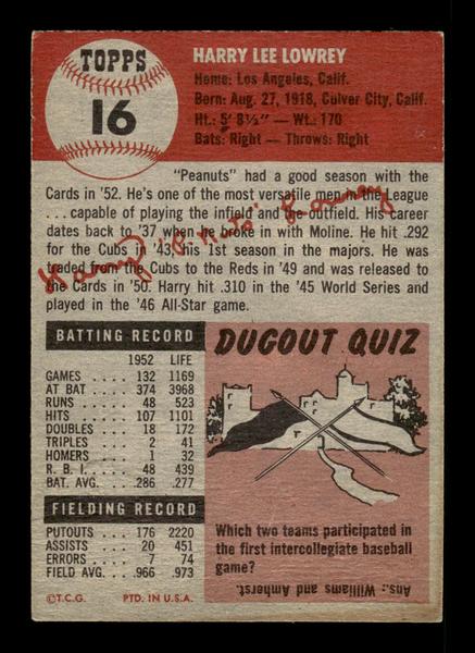 1953 Topps #16 Peanuts Lowrey Cardinals Crease Free EX HOF-10006303
