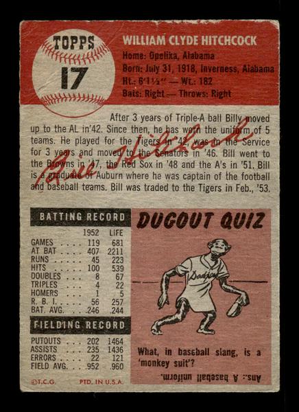 1953 Topps #17 Billy Hitchcock Athletics Crease Free EX HOF-10006304