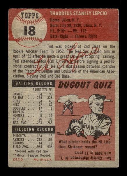 1953 Topps #18 Ted Lepcio Boston Red Sox Crease Free EX HOF-10006305