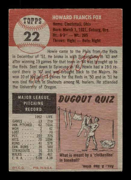 1953 Topps #22 Howie Fox Philadelphia Phillies Crease Free EX HOF-10006309