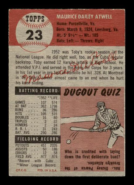 1953 Topps #23 Toby Atwell Chicago Cubs Crease Free EX HOF-10006310