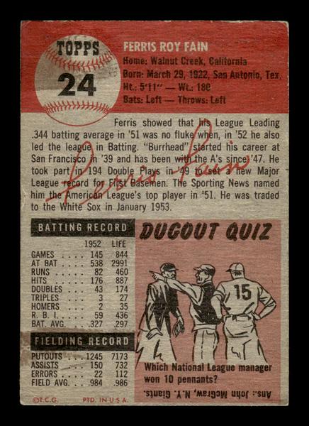 1953 Topps #24 Ferris Fain Philadelphia Athletics Crease Free EX HOF-10006311