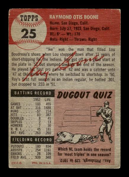 1953 Topps #25 Ray Boone Cleveland Indians Crease Free EX HOF-10006312