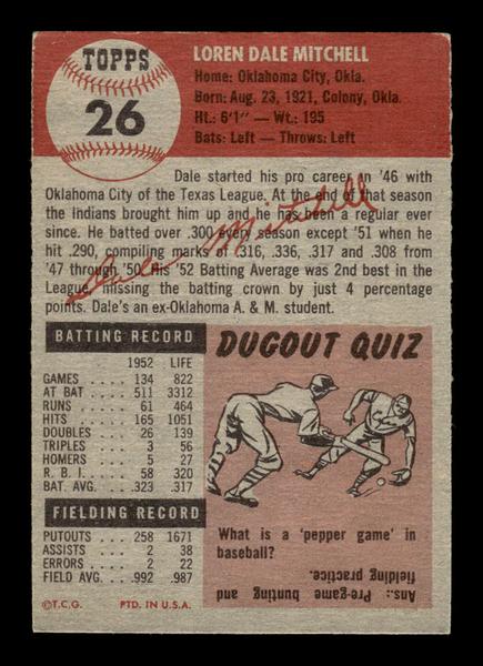 1953 Topps #26 Dale Mitchell Cleveland Indians Crease Free EX HOF-10006313