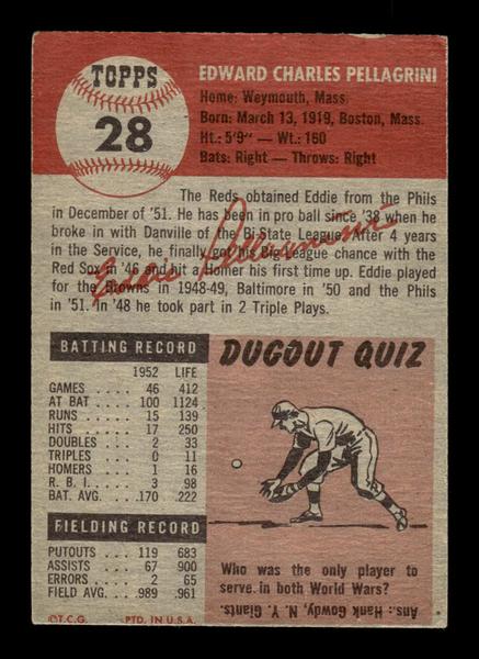 1953 Topps #28 Eddie Pellagrini Cincinnati Reds Crease Free EX HOF-10006315