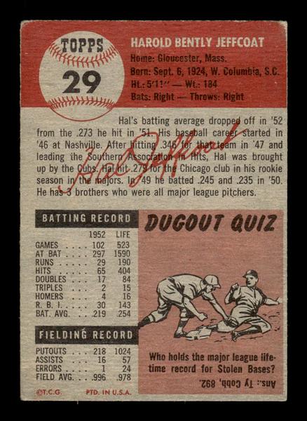 1953 Topps #29 Hal Jeffcoat Chicago Cubs Crease Free EX HOF-10006316