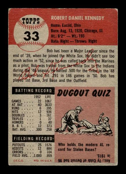 1953 Topps #33 Bob Kennedy Cleveland Indians Crease Free EX HOF-10006320