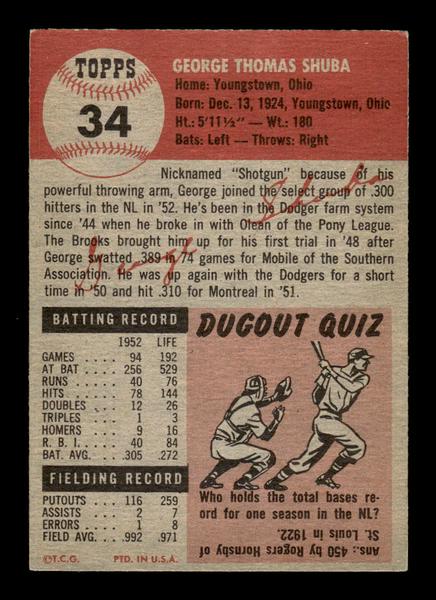 1953 Topps #34 George Shuba Brooklyn Dodgers Crease Free EX HOF-10006321