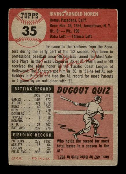 1953 Topps #35 Irv Noren New York Yankees Crease Free EX HOF-10006322