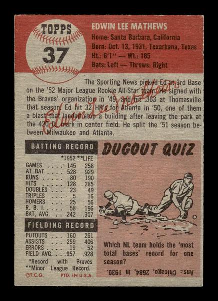 1953 Topps #37 Ed Mathews Boston Braves Crease Free EX HOF-10006324