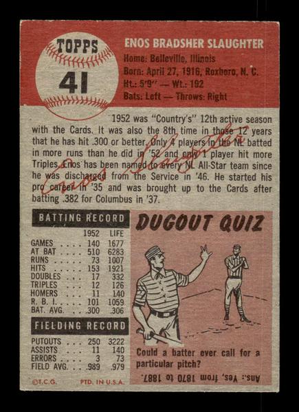 1953 Topps #41 Enos Slaughter St. Louis Cardinals Crease Free EX HOF-10006328
