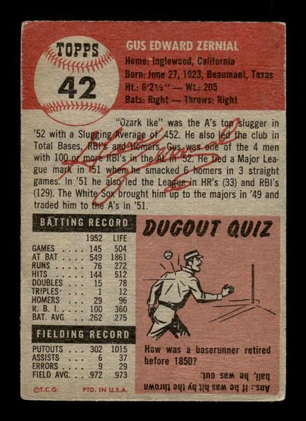 1953 Topps #42 Gus Zernial Philadelphia Athletics Crease Free EX HOF-10006329