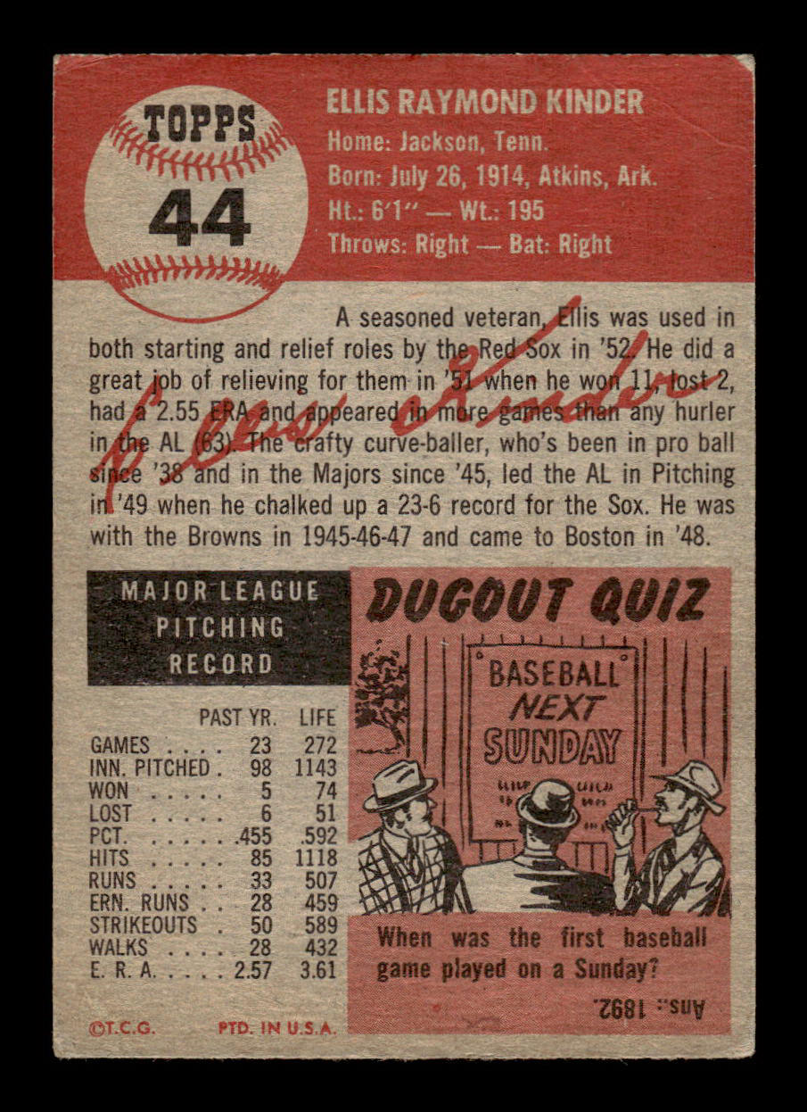 1953 Topps #44 Ellis Kinder Boston Red Sox Crease Free EX HOF-10006331