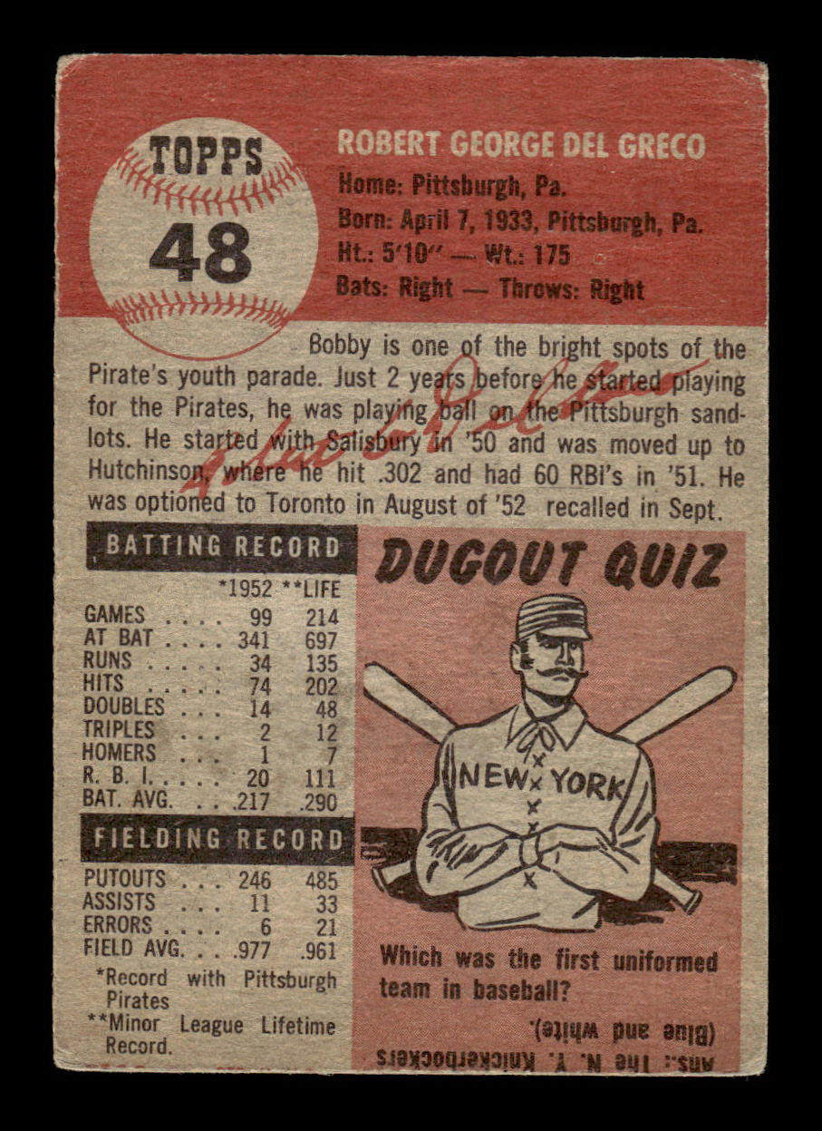 1953 Topps #48 Bob Del Greco Pittsburgh Pirates VG HOF-10006335