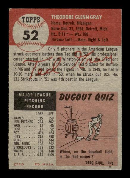 1953 Topps #52 Ted Gray Detroit Tigers Crease Free EX HOF-10006339