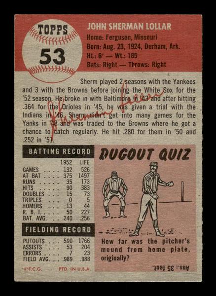 1953 Topps #53 Sherm Lollar Chicago White Sox Crease Free EX HOF-10006340