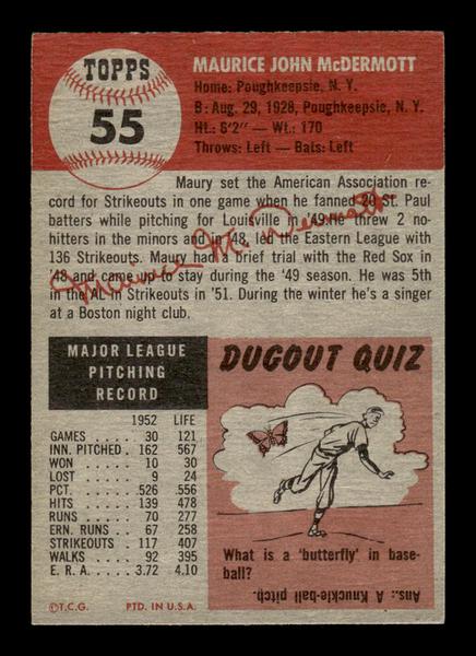 1953 Topps #55 Maurice McDermott Boston Red Sox Crease Free EX HOF-10006342