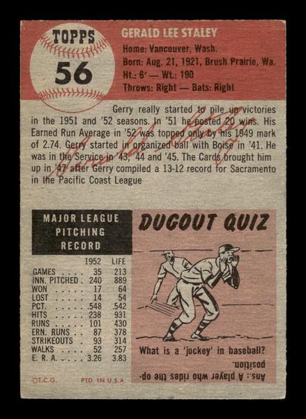 1953 Topps #56 Gerald Staley St. Louis Cardinals Crease Free EX HOF-10006343