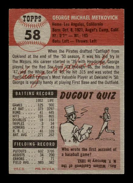 1953 Topps #58 George Metkovich Pittsburgh Pirates Crease Free EX HOF-10006345