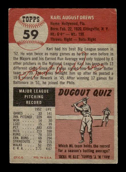 1953 Topps #59 Karl Drews Philadelphia Phillies Crease Free EX HOF-10006346