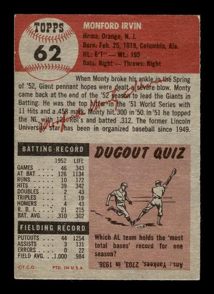 1953 Topps #62 Monte Irvin New York Giants Crease Free EX HOF-10006349