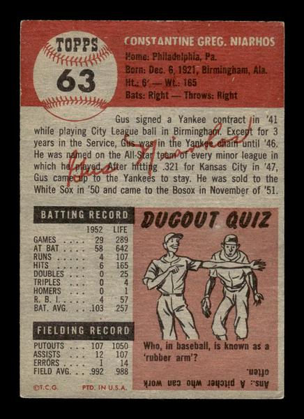 1953 Topps #63 Gus Niarhos Boston Red Sox Crease Free EX HOF-10006350