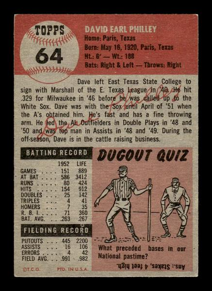 1953 Topps #64 Dave Philley Philadelphia Athletics Crease Free EX HOF-10006351