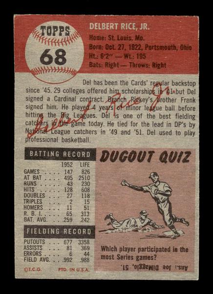 1953 Topps #68 Del Rice St. Louis Cardinals Crease Free EX HOF-10006354