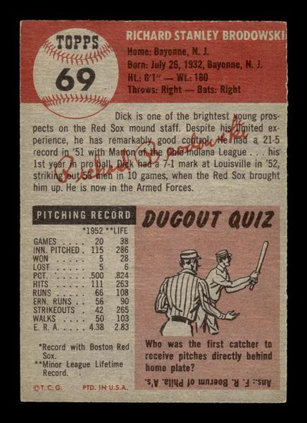 1953 Topps #69 Dick Brodowski Boston Red Sox Crease Free EX HOF-10006355