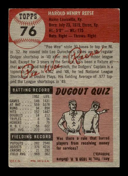 1953 Topps #76 Pee Wee Reese Brooklyn Dodgers Crease Free EX HOF-10006362