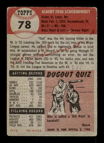 1953 Topps #78 Al Schoendienst St. Louis Cardinals VG HOF-10006364