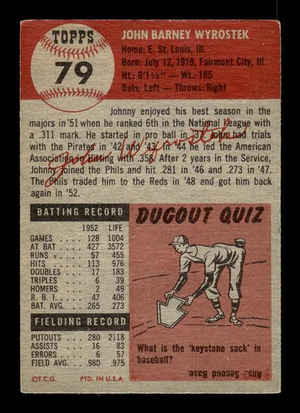 1953 Topps #79 Johnny Wyrostek Philadelphia Phillies Crease Free EX HOF-10006365