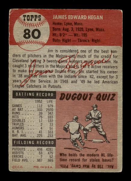 1953 Topps #80 Jim Hegan Cleveland Indians Crease Free EX HOF-10006366