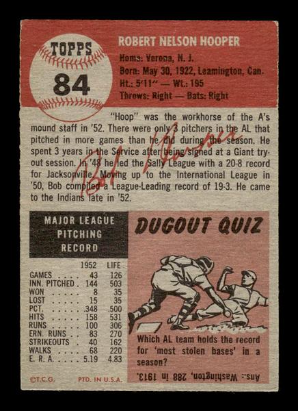 1953 Topps #84 Bob Hooper Cleveland Indians Crease Free EX HOF-10006369