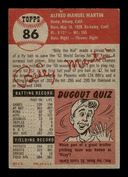1953 Topps #86a Billy Martin Yankees Crease Free Pinhole HOF-10006371