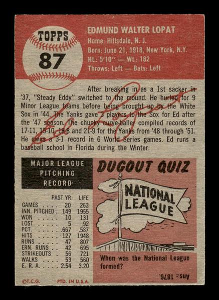1953 Topps #87 Ed Lopat New York Yankees Crease Free EX HOF-10006372