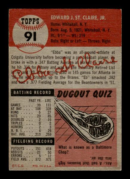 1953 Topps #91 Ebba St. Claire Boston Braves Crease Free EX HOF-10006376