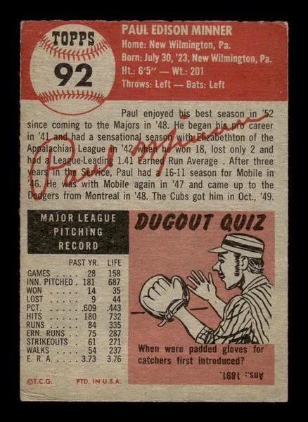 1953 Topps #92 Paul Minner Chicago Cubs Crease Free EX HOF-10006377